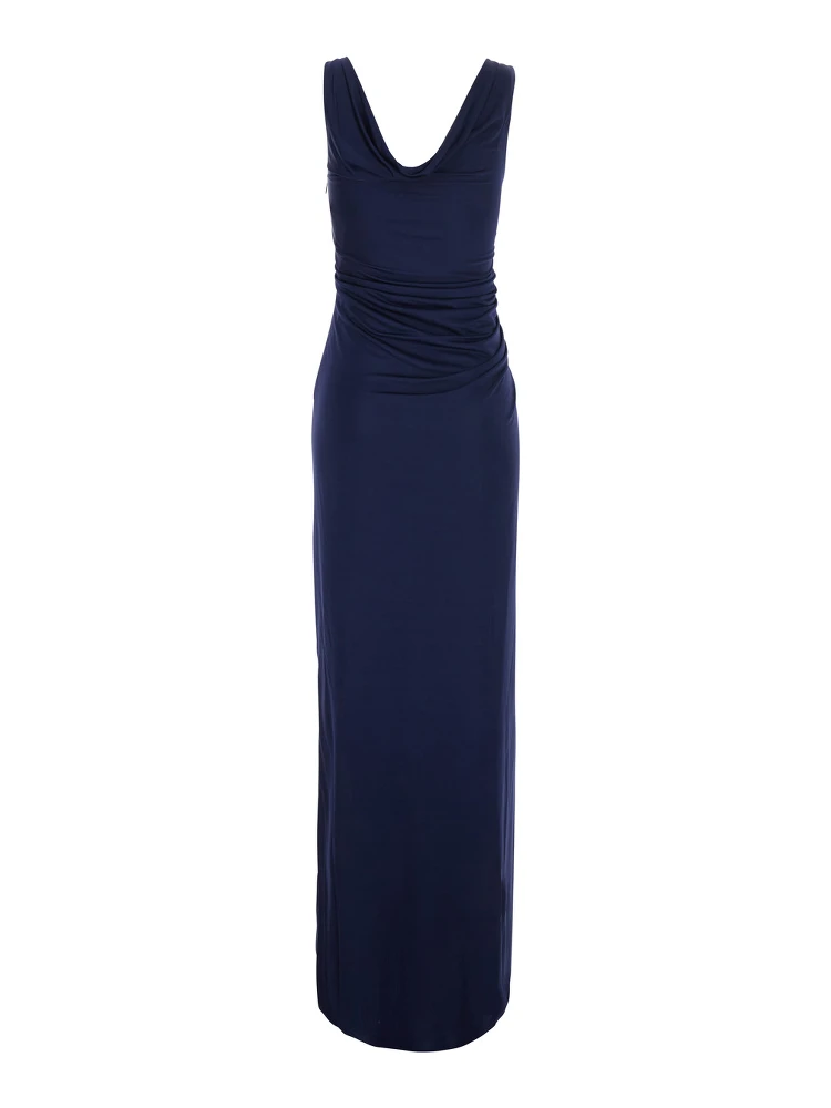 Blue Long Dress with V-Neck and Applied Medusa Buttons in Viscose for Women alternative
