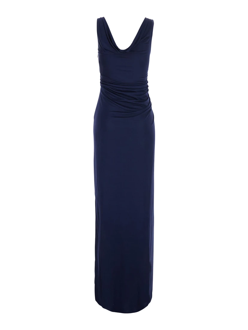Blue Long Dress with V-Neck and Applied Medusa Buttons in Viscose for Women