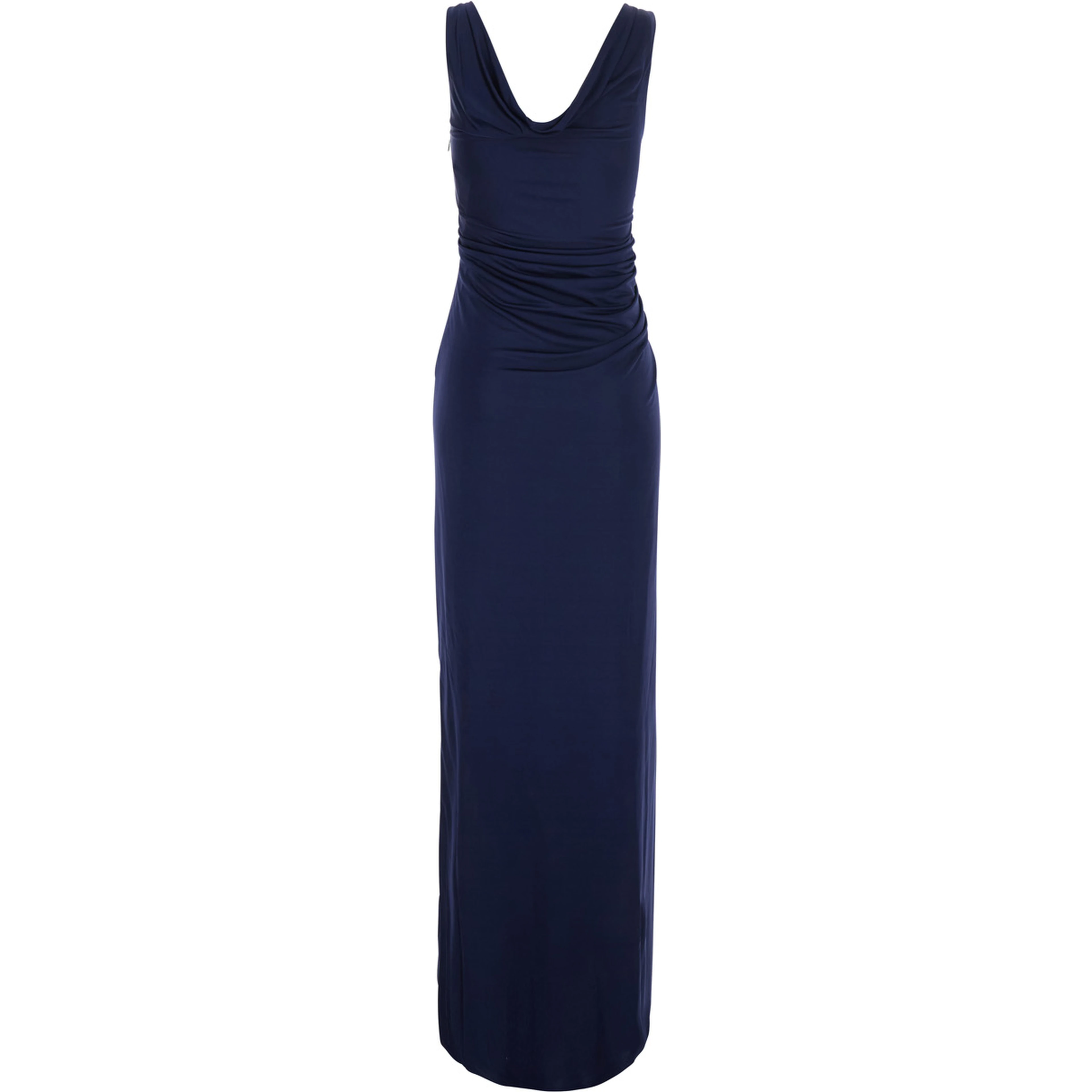 Blue Long Dress with V-Neck and Applied Medusa Buttons in Viscose for Women