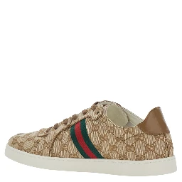 Beige Low Top Sneakers with Web Detail on the Side and GG Plate on the Front in GG Canvas for Men