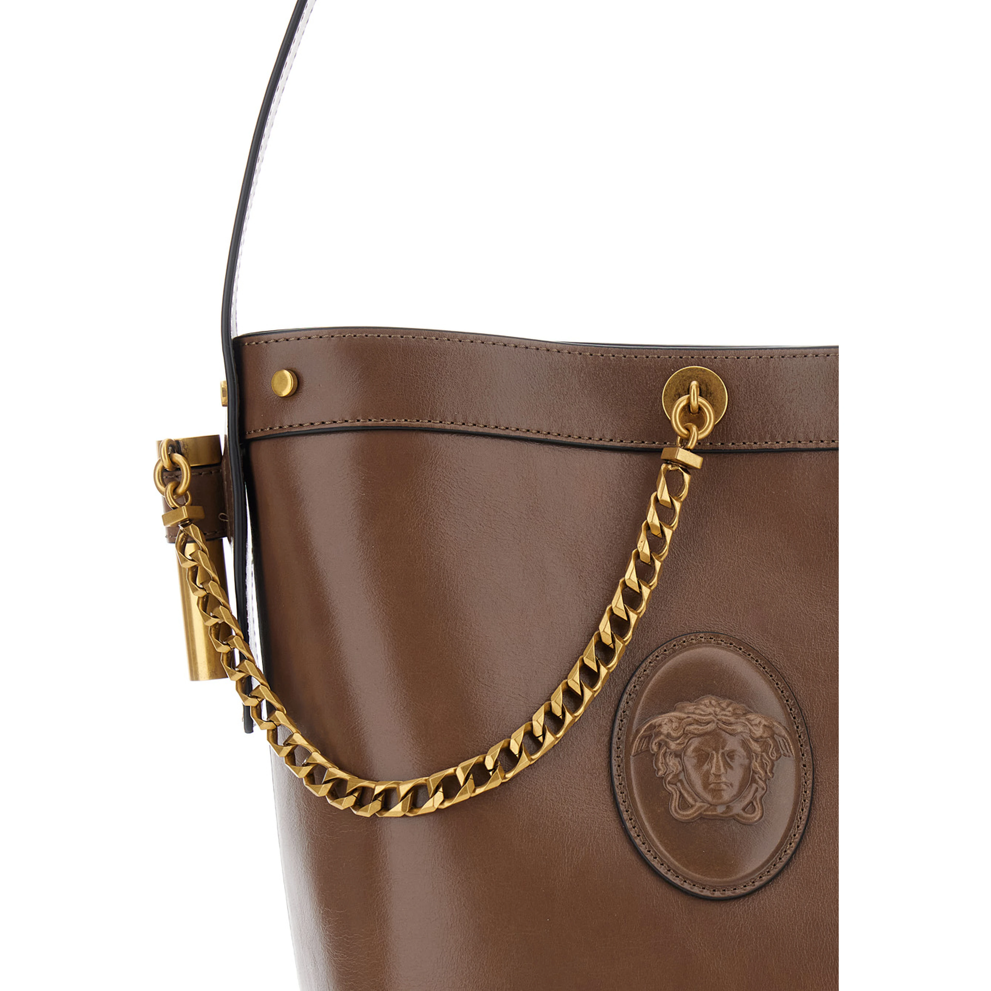 Brown Shoulder bag with chain strap and Medusa Head on the front in leather for women