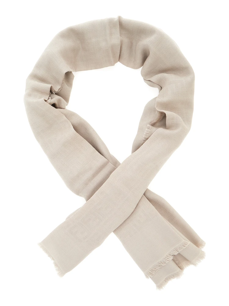 Beige Square Scarf with Fringed Hem and FF Pattern in Wool Blend for Women alternative