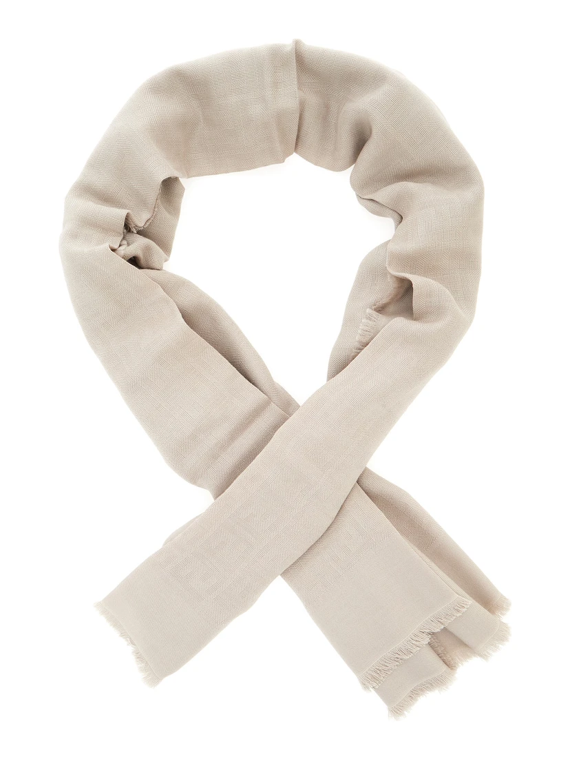 Beige Square Scarf with Fringed Hem and FF Pattern in Wool Blend for Women