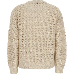 White Crew Neck Sweater with Openwork Knit in Blend Wool and Cashmere for Women