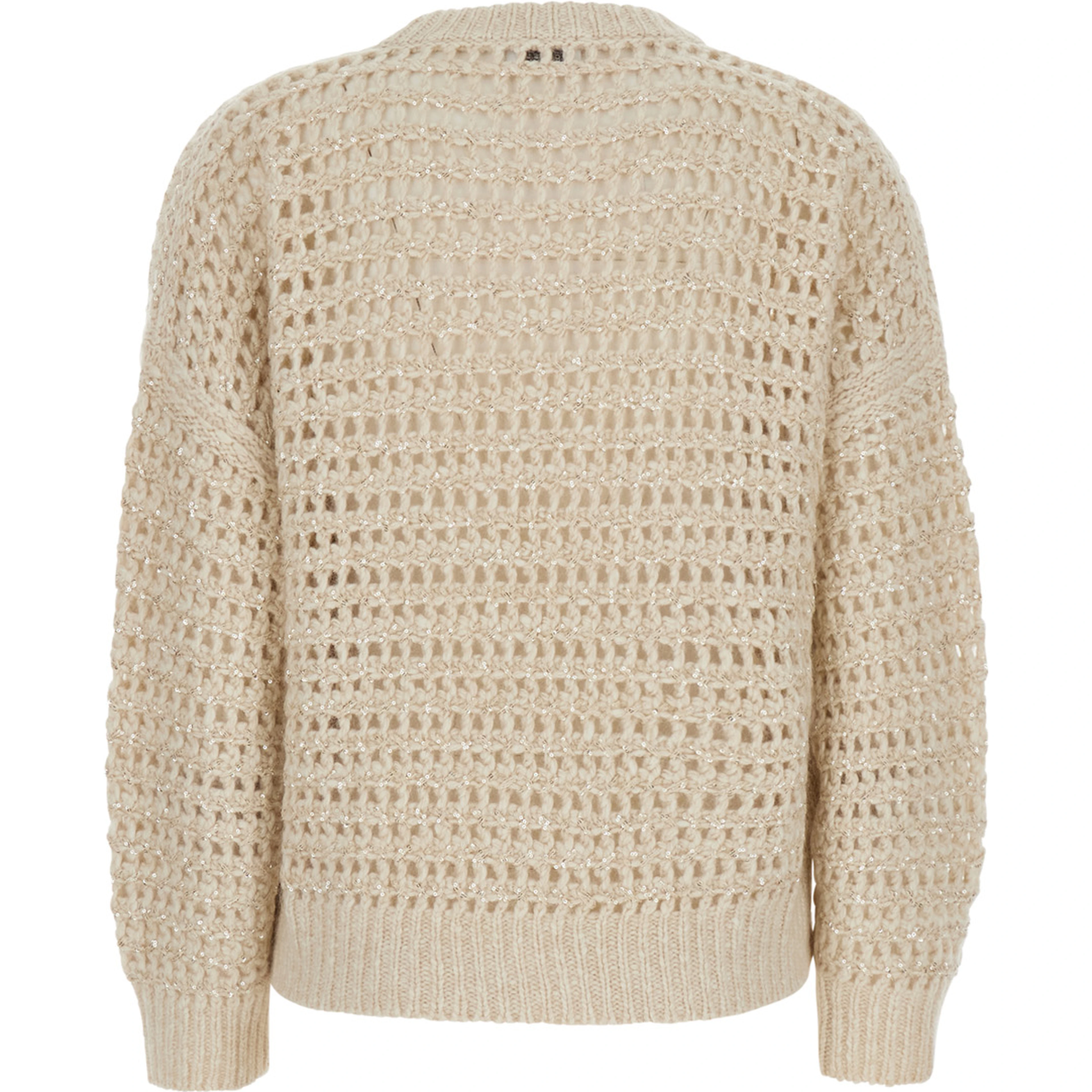 White Crew Neck Sweater with Openwork Knit in Blend Wool and Cashmere for Women