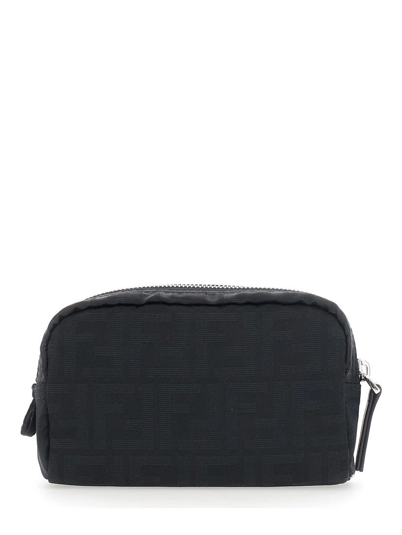 Black Pouch with Zip Closure in FF Canvas for Men