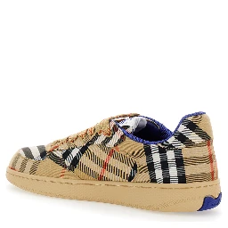 Low Sneakers with Check Motif in Cotton Blend and Tech Fabric Beige Men