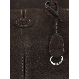Brown Shoulder bag with embossed logo on the front and removable keychain ring charm in suede for women