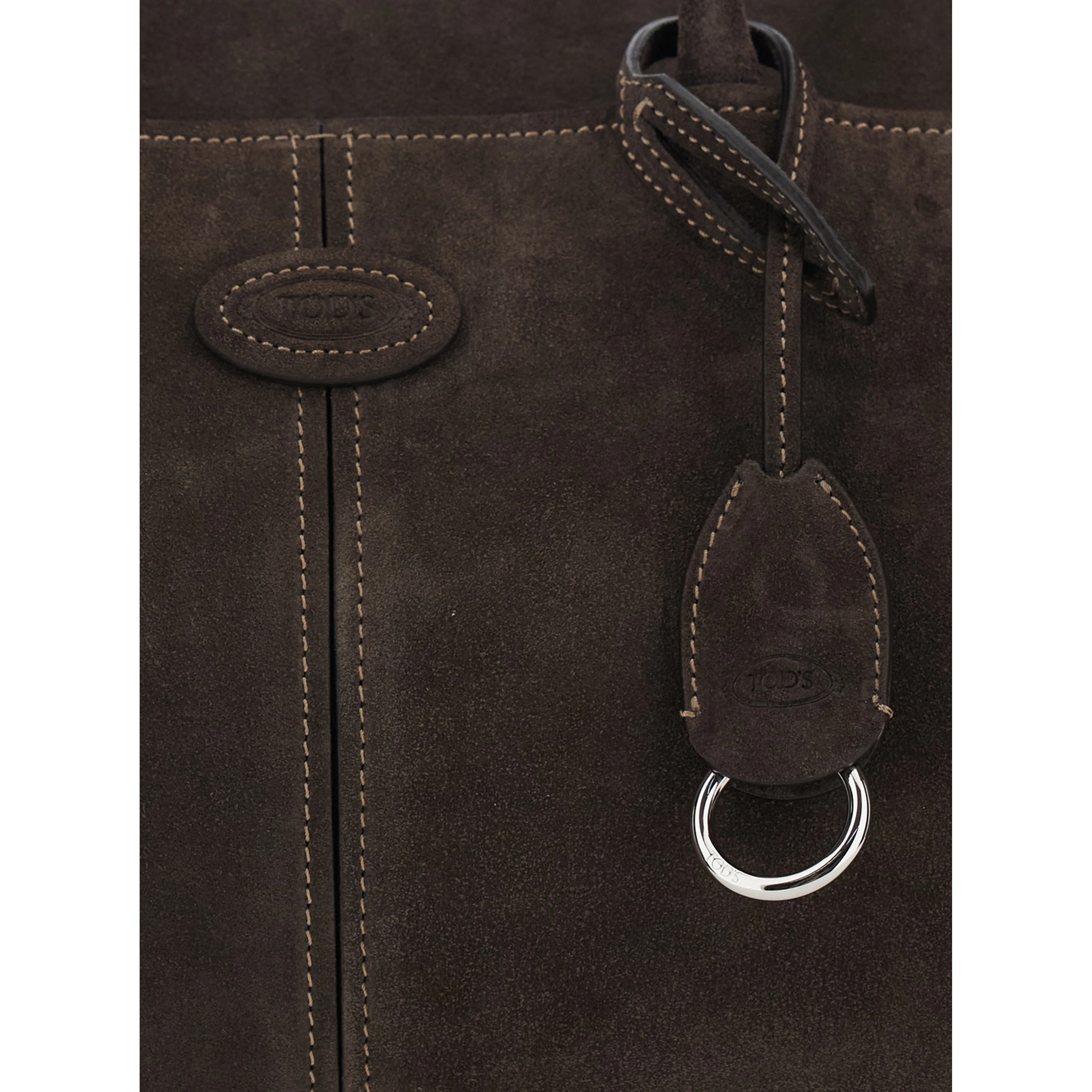 Brown Shoulder bag with embossed logo on the front and removable keychain ring charm in suede for women