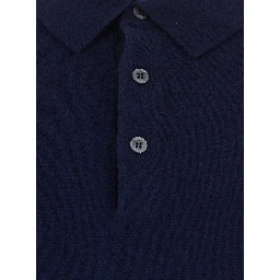 Blue Long Sleeve Polo Shirt with Collar in Blend Wool and Cashmere Men