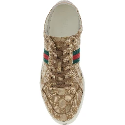Beige Low Top Sneakers with Web Detail on the Side and GG Plate on the Front in GG Canvas for Men