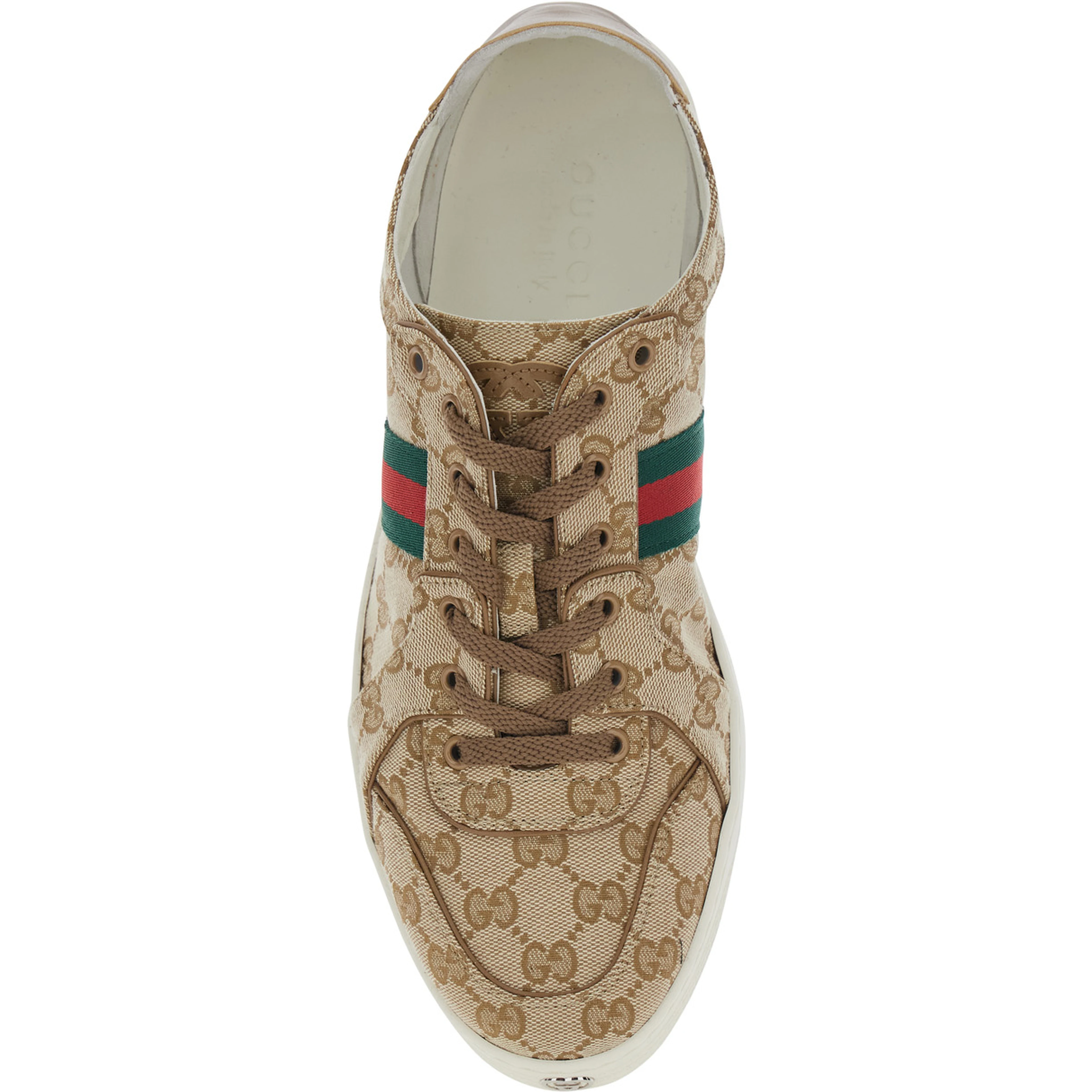 Beige Low Top Sneakers with Web Detail on the Side and GG Plate on the Front in GG Canvas for Men