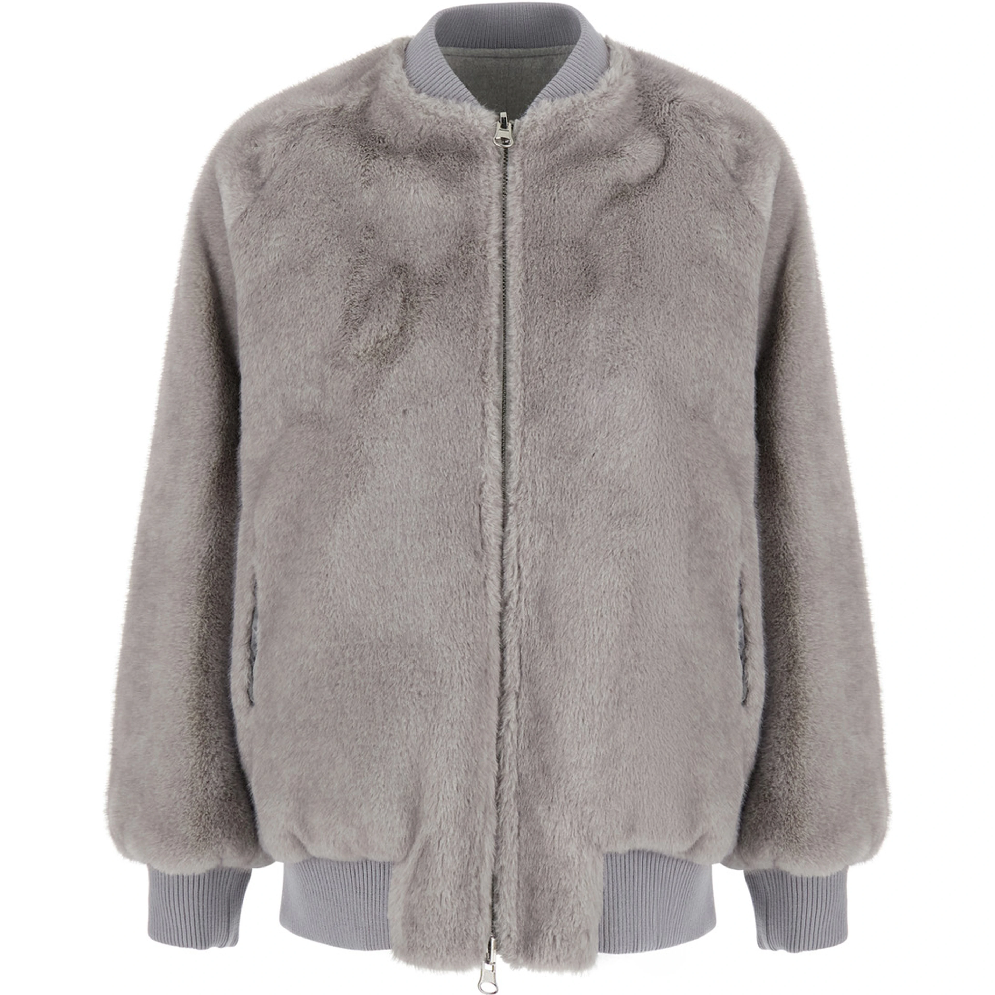 Gray Reversible Bomber Jacket with ribbed finishes and zip pocket on the sleeve in blend wool for women