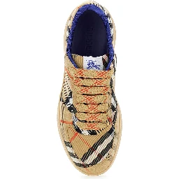 Low Sneakers with Check Motif in Cotton Blend and Tech Fabric Beige Men