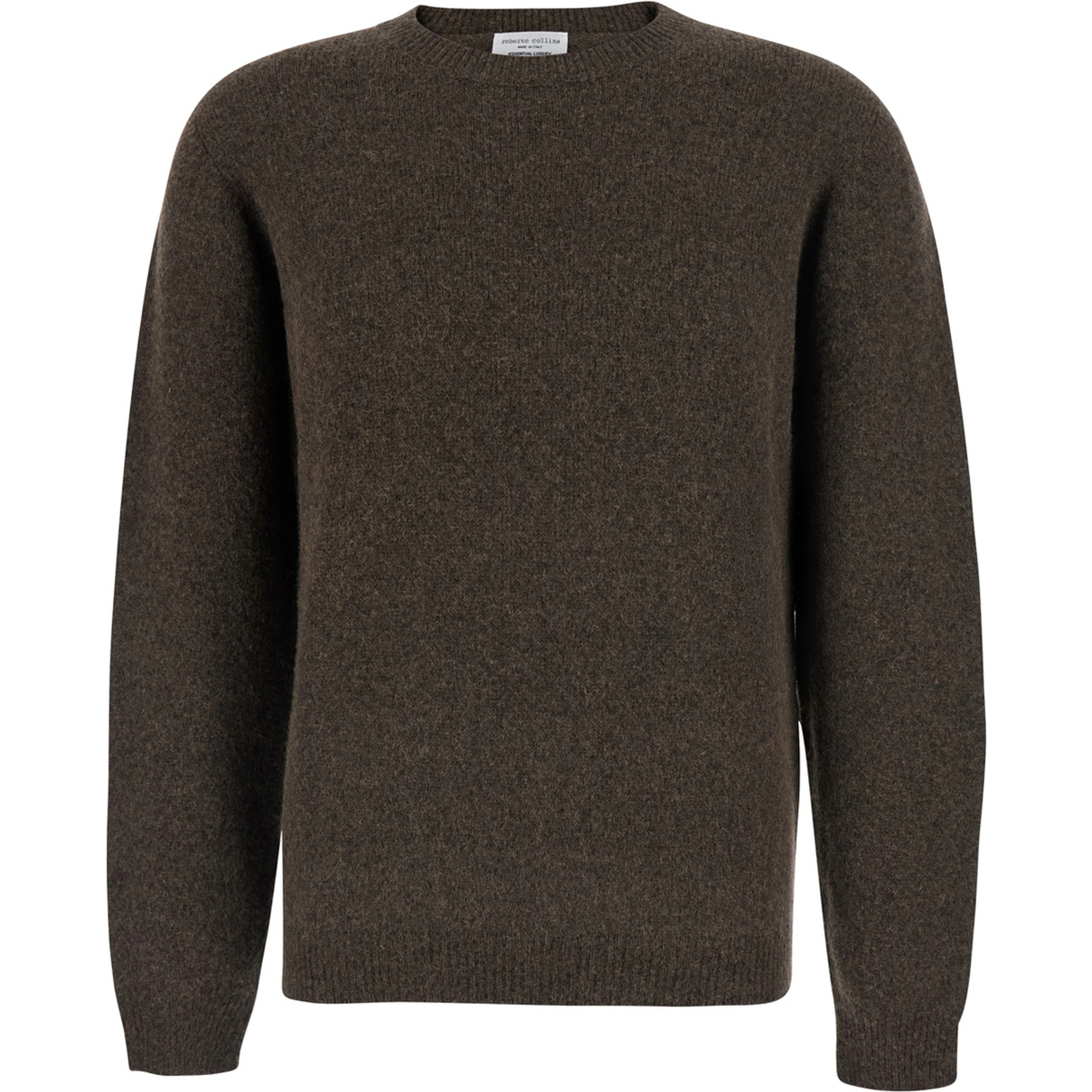 Brown Crew Neck Sweater with Ribbed Details in Blend Wool for Men