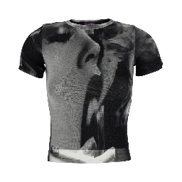 Black Top with Short Sleeves and Smoking Women Print in Tech Fabric for Women