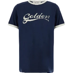 Blue Crew Neck T-Shirt with Logo lettering on the Front in Cotton for Men