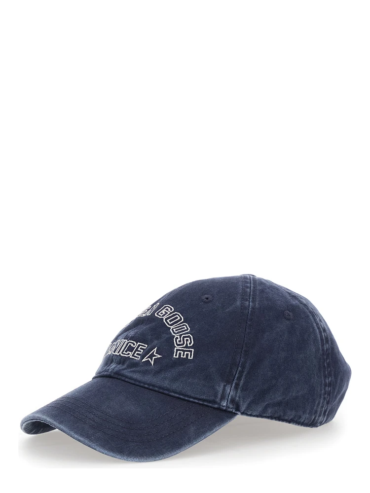 blue Hat with embossed logo lettering on the front in cotton for men
