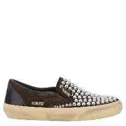 Brown Low Top Sneakers with Stud Embellishment in Leather for Women