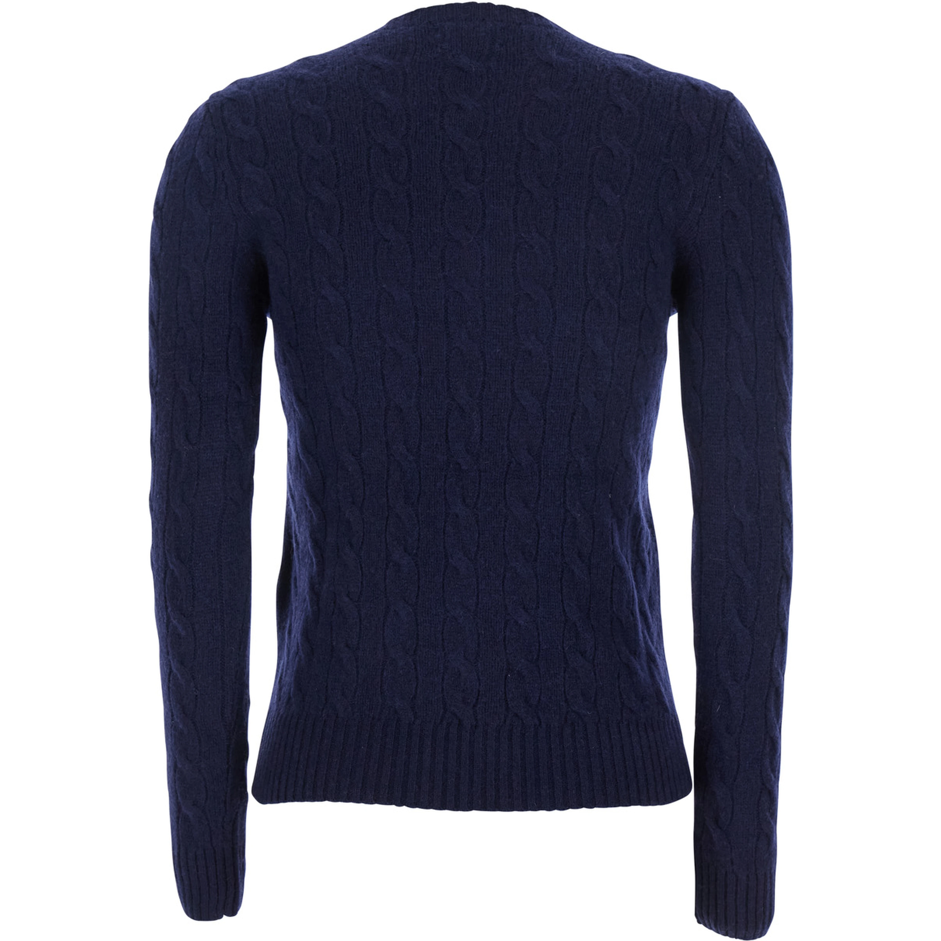 Blue Crewneck Sweater with Pony Embroidery on the Front and Cable Knit in Wool and Cashmere for Women