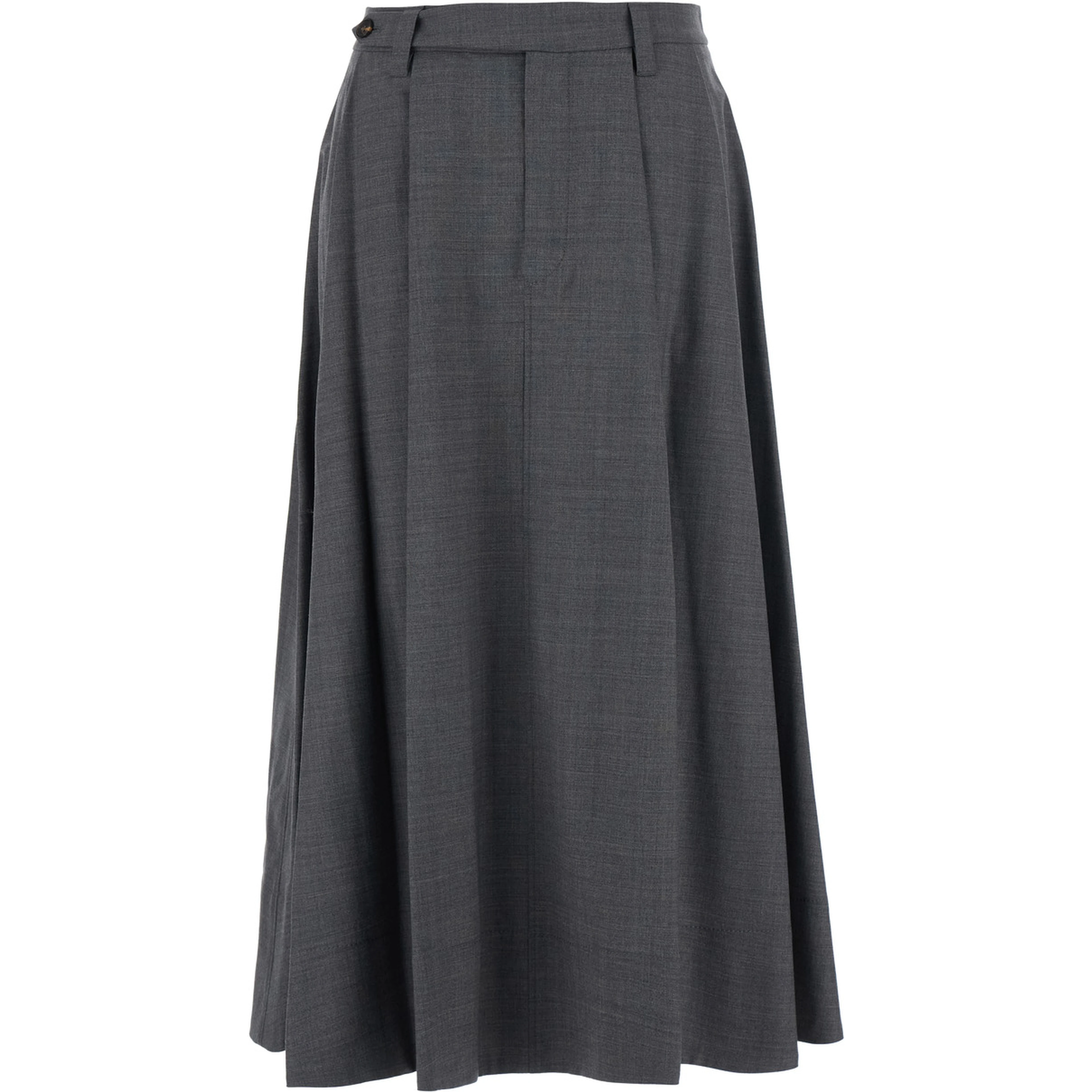 Grey Midi Skirt with Button Closure on the Side and Monil detail on the Belt Loops in Wool Blend for Women