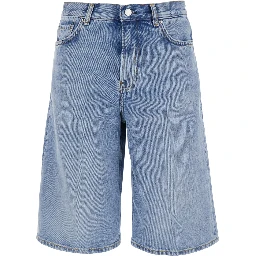 Light Blue Knee-Length Shorts with Logo Patch on the Back and Faded Effect in Denim for Women