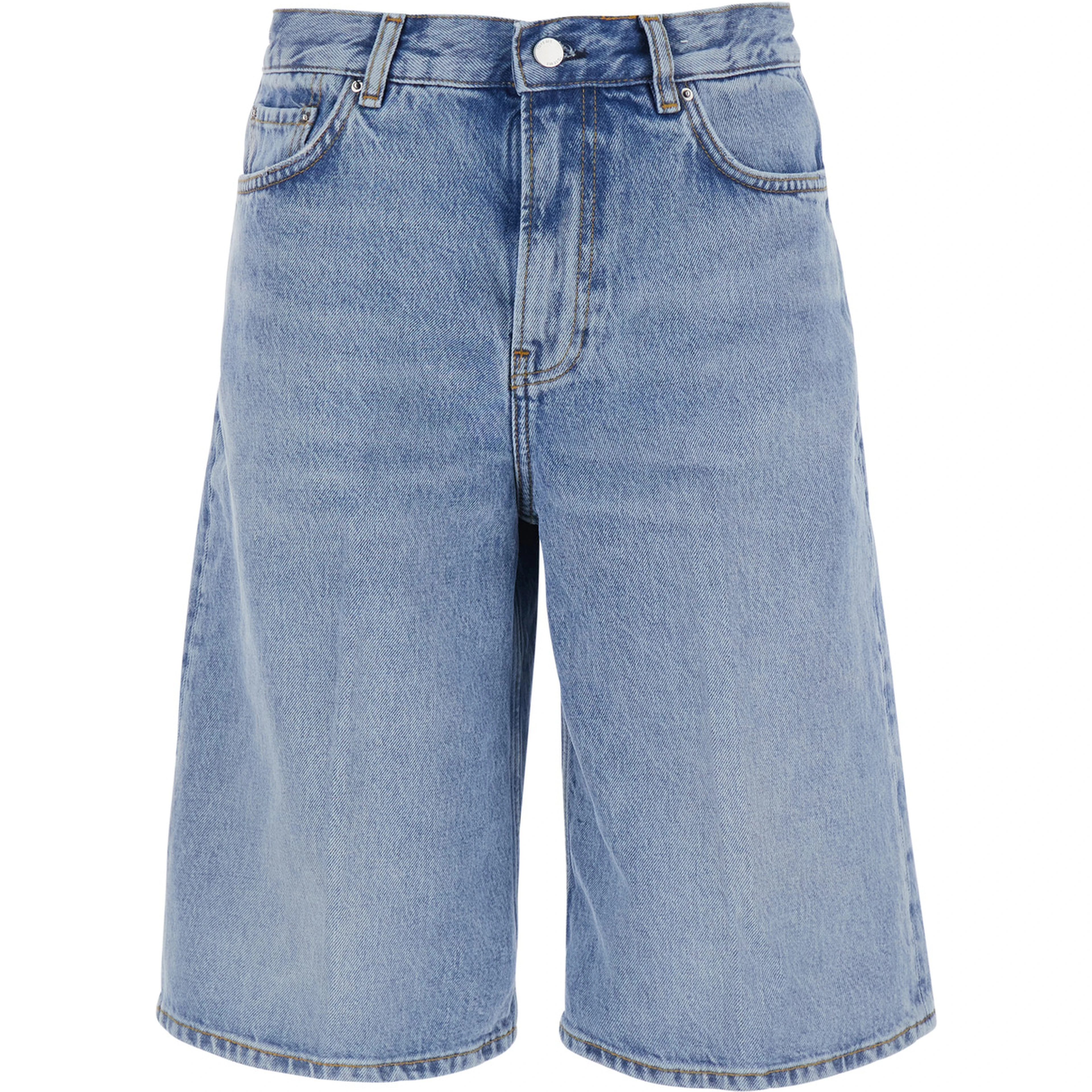 Light Blue Knee-Length Shorts with Logo Patch on the Back and Faded Effect in Denim for Women