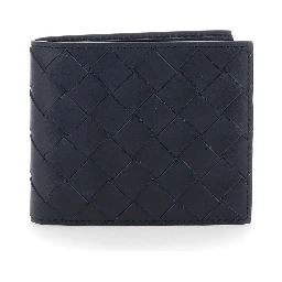 Blue Bi-Fold Wallet with Intreccio Motif and Embossed Logo Lettering Inside in Leather for Men