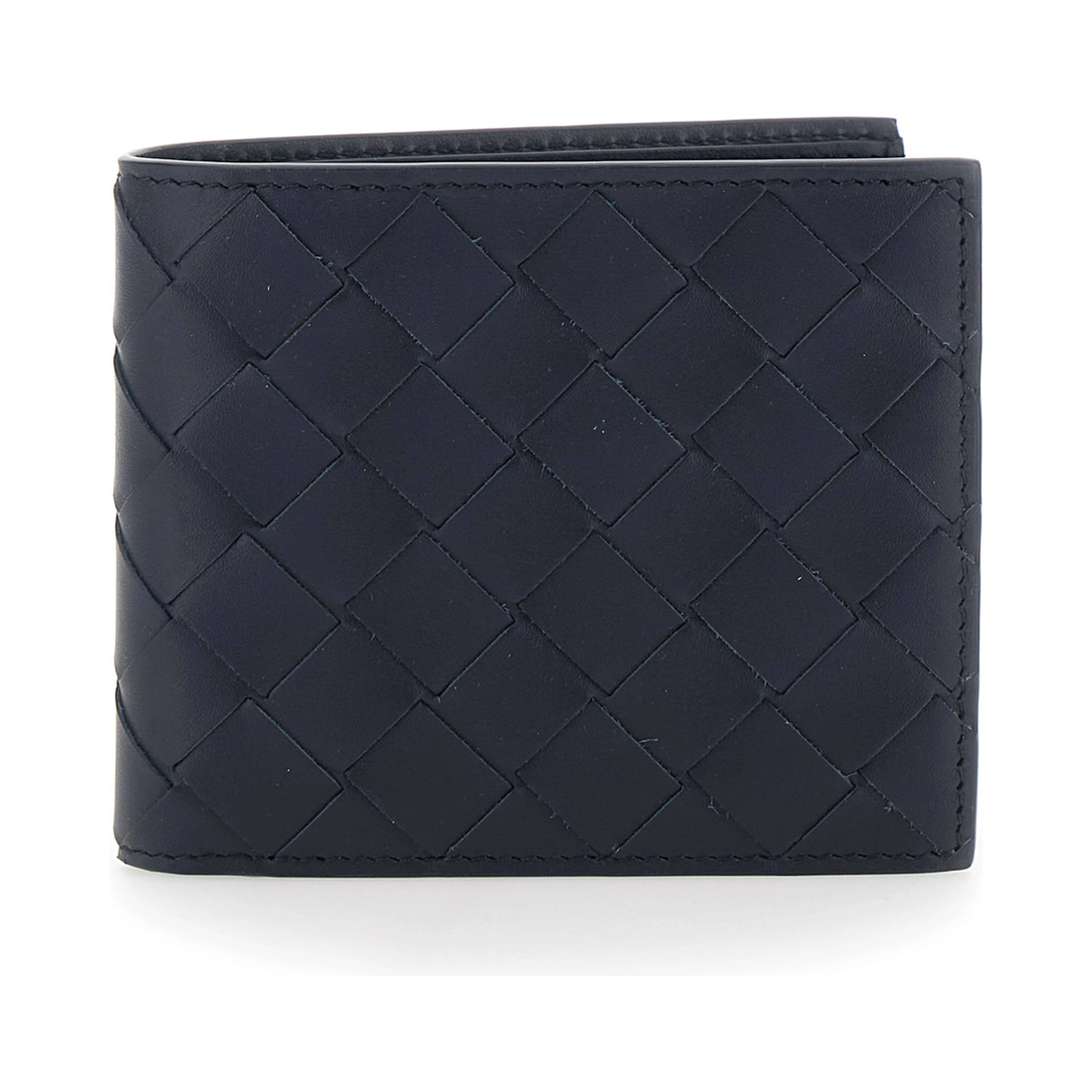 Blue Bi-Fold Wallet with Intreccio Motif and Embossed Logo Lettering Inside in Leather for Men