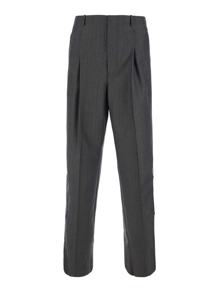 Grey Pants with all-over stripe motif and zip pockets on the legs in wool and mohair for men