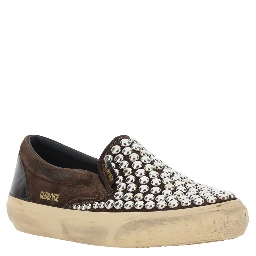 Brown Low Top Sneakers with Stud Embellishment in Leather for Women