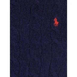 Blue Crewneck Sweater with Pony Embroidery on the Front and Cable Knit in Wool and Cashmere for Women