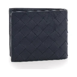Blue Bi-Fold Wallet with Intreccio Motif and Embossed Logo Lettering Inside in Leather for Men