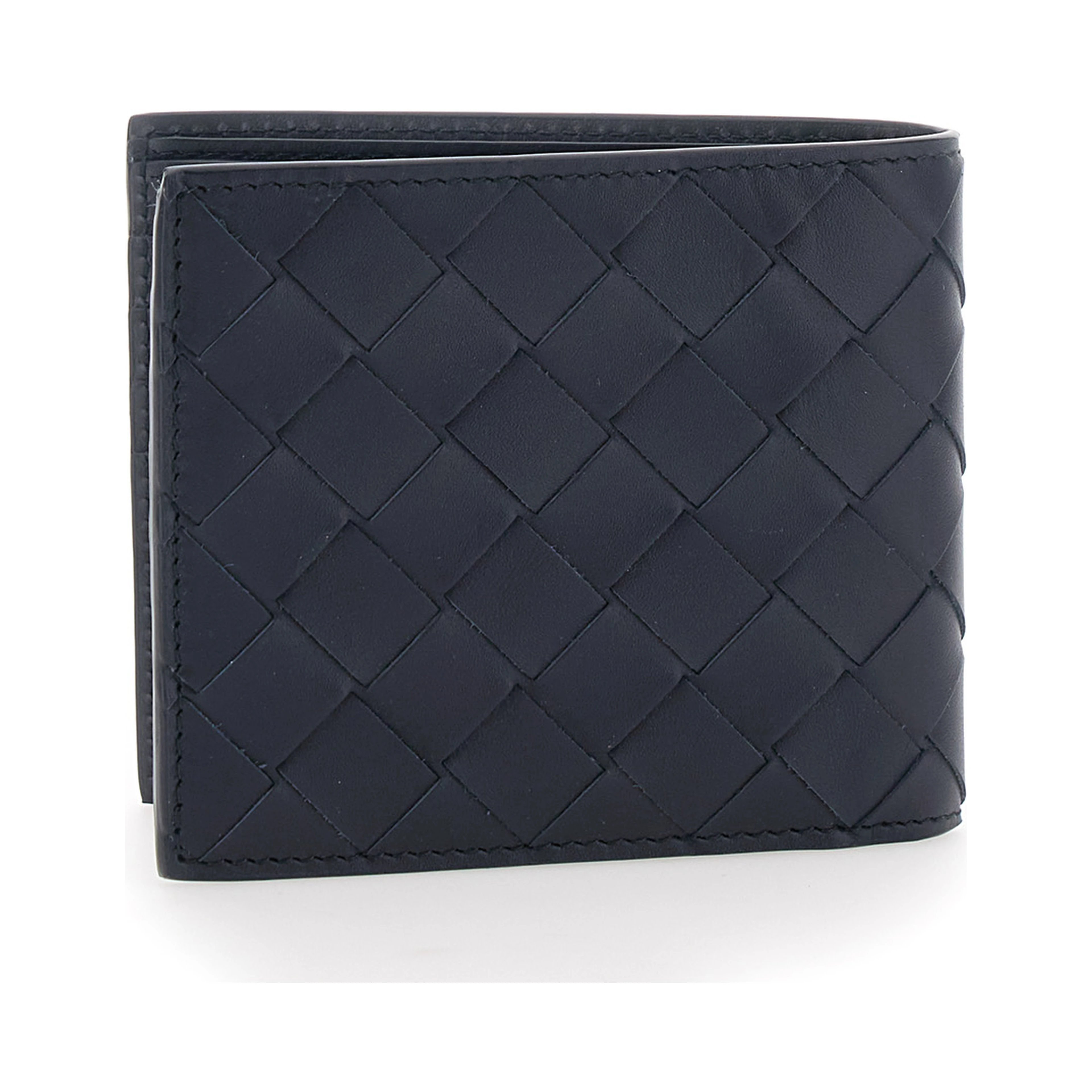 Blue Bi-Fold Wallet with Intreccio Motif and Embossed Logo Lettering Inside in Leather for Men
