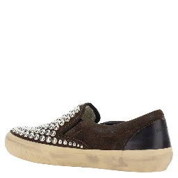 Brown Low Top Sneakers with Stud Embellishment in Leather for Women
