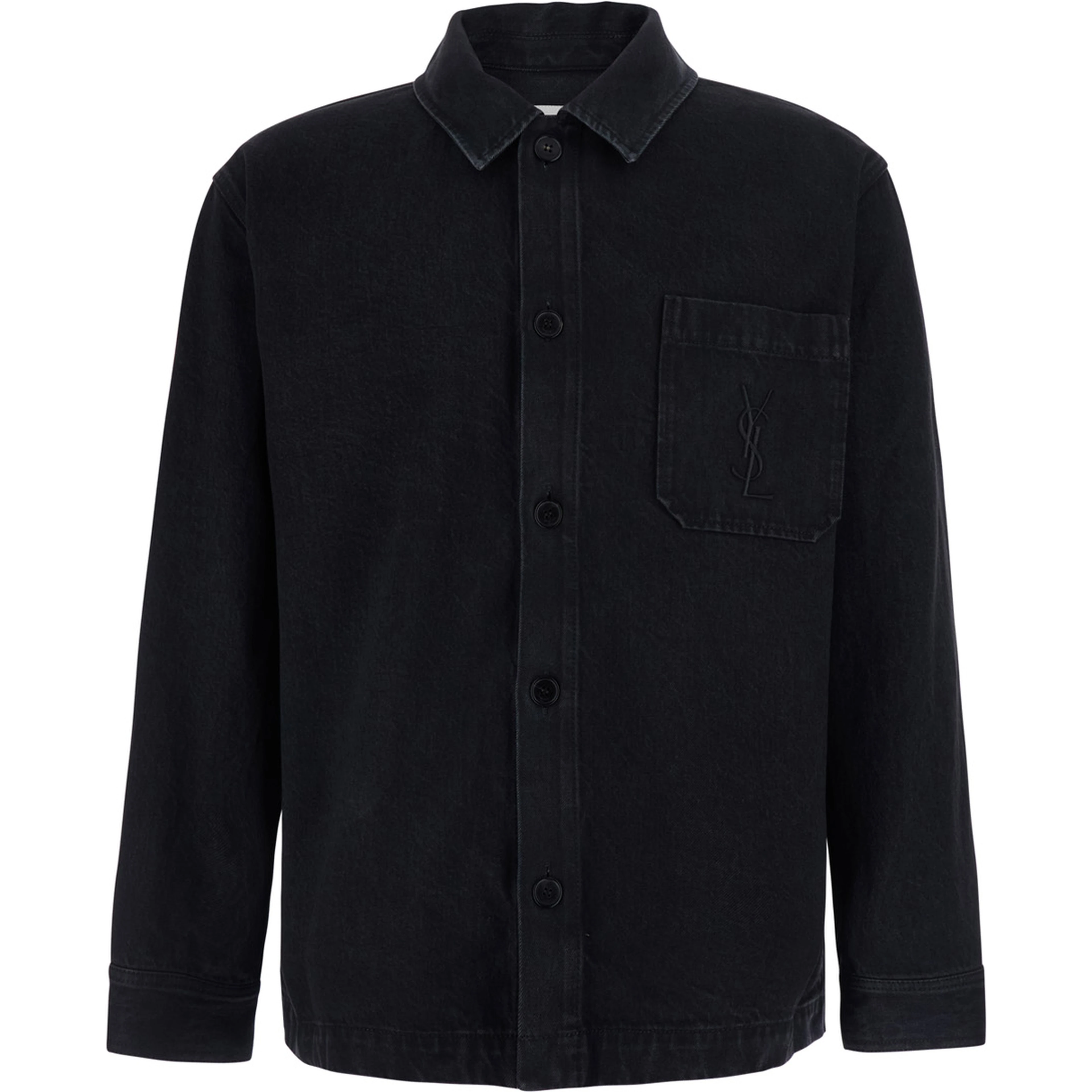 Black Shirt with classic collar and Cassandre embroidery on the front in cotton for men