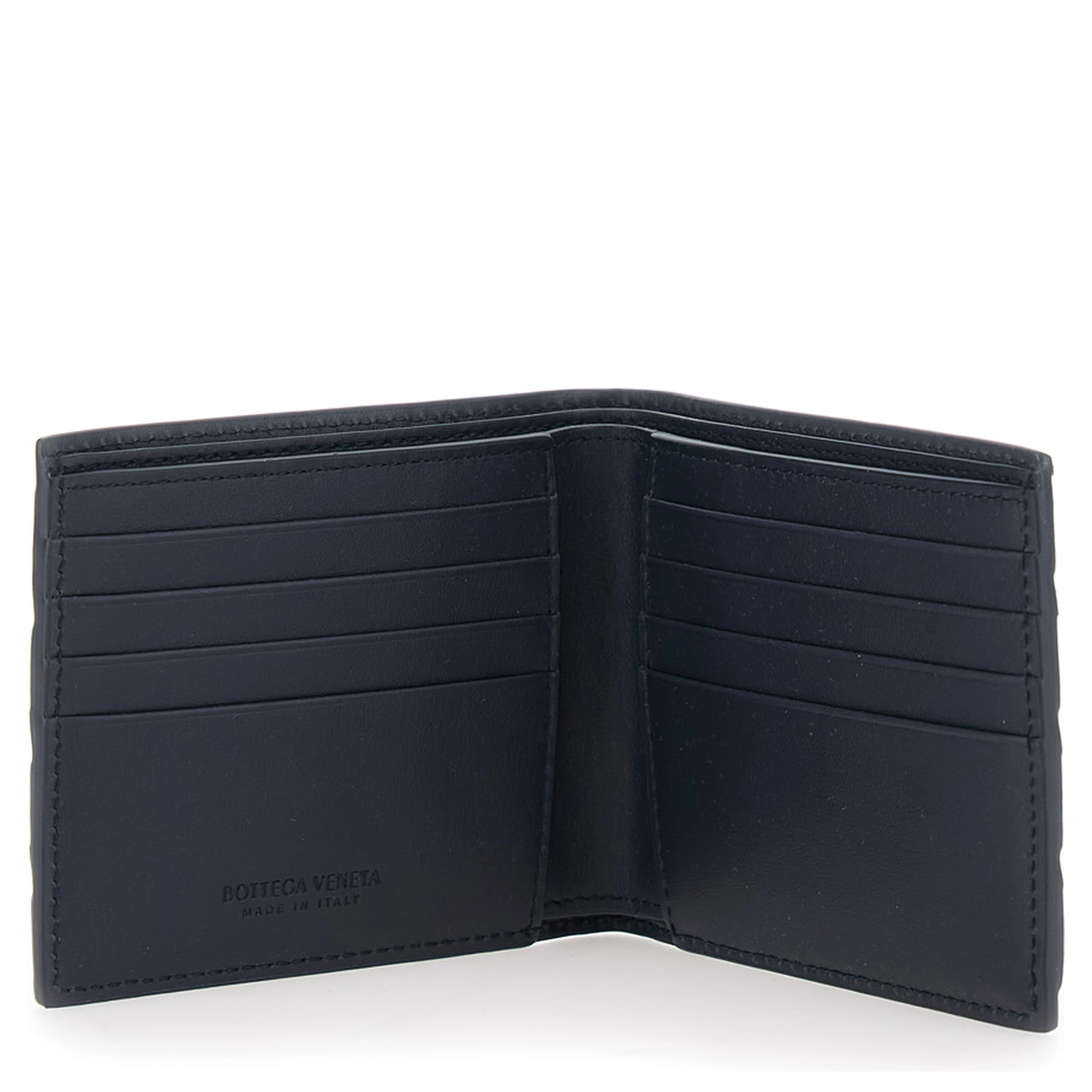 Blue Bi-Fold Wallet with Intreccio Motif and Embossed Logo Lettering Inside in Leather for Men