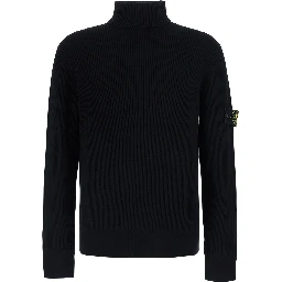 Black Sweater with high collar and logo patch on the sleeve in Men