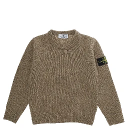 Beige Crewneck Sweater with logo patch on the sleeve and ribbed trims in wool boy