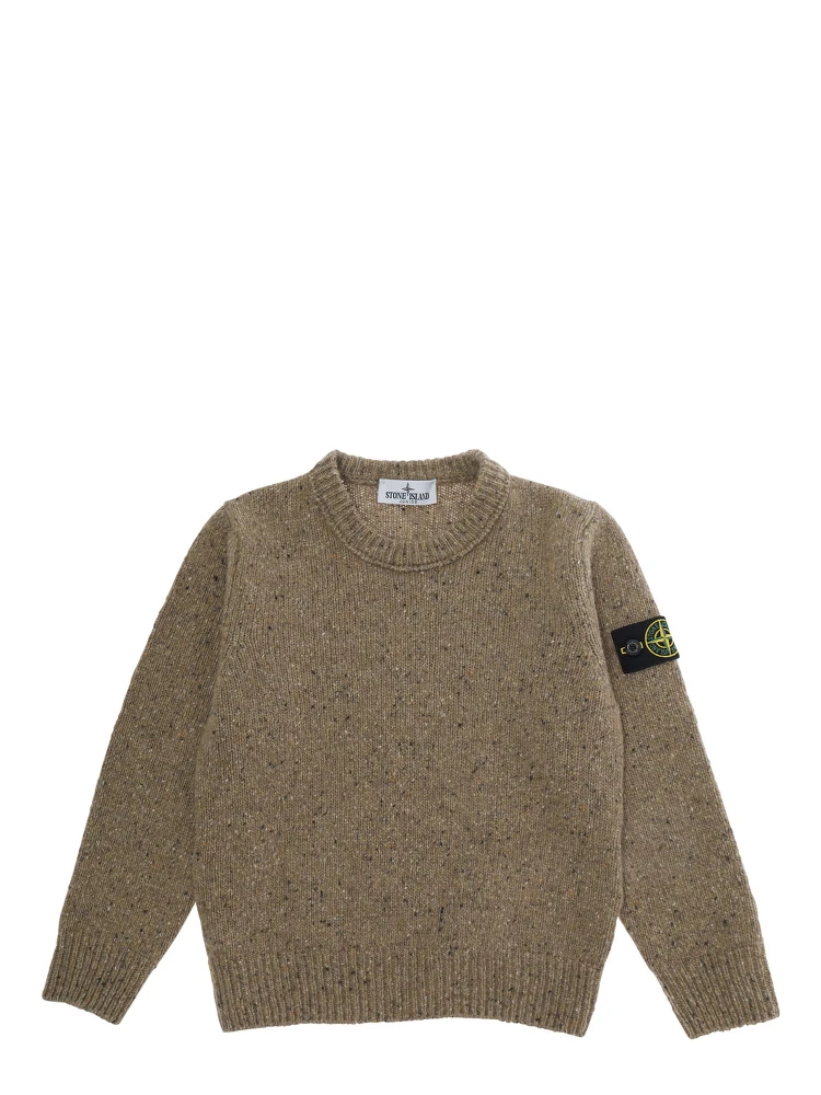 Beige Crewneck Sweater with logo patch on the sleeve and ribbed trims in wool boy