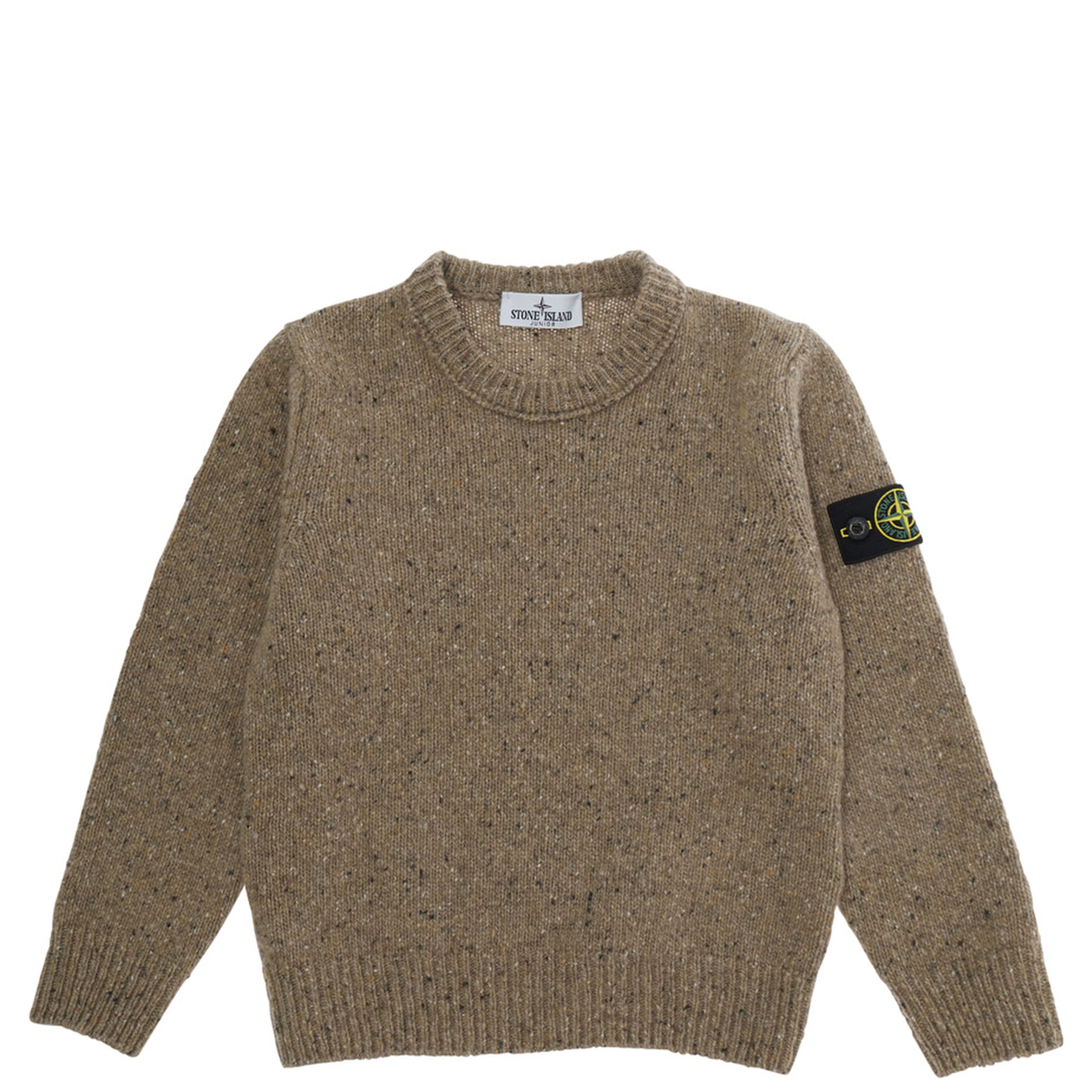 Beige Crewneck Sweater with logo patch on the sleeve and ribbed trims in wool boy