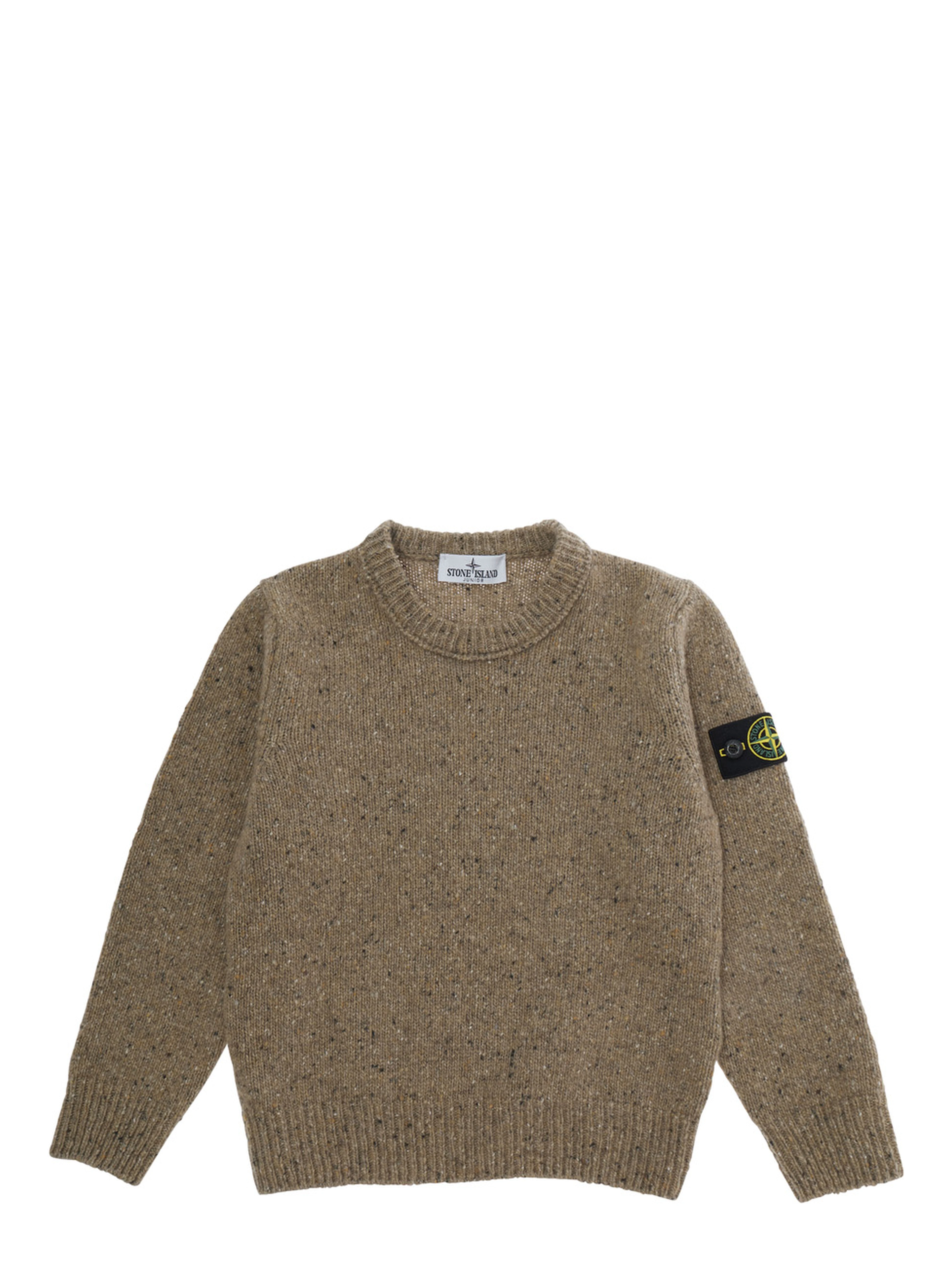 Beige Crewneck Sweater with logo patch on the sleeve and ribbed trims in wool boy