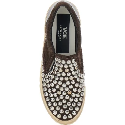 Brown Low Top Sneakers with Stud Embellishment in Leather for Women