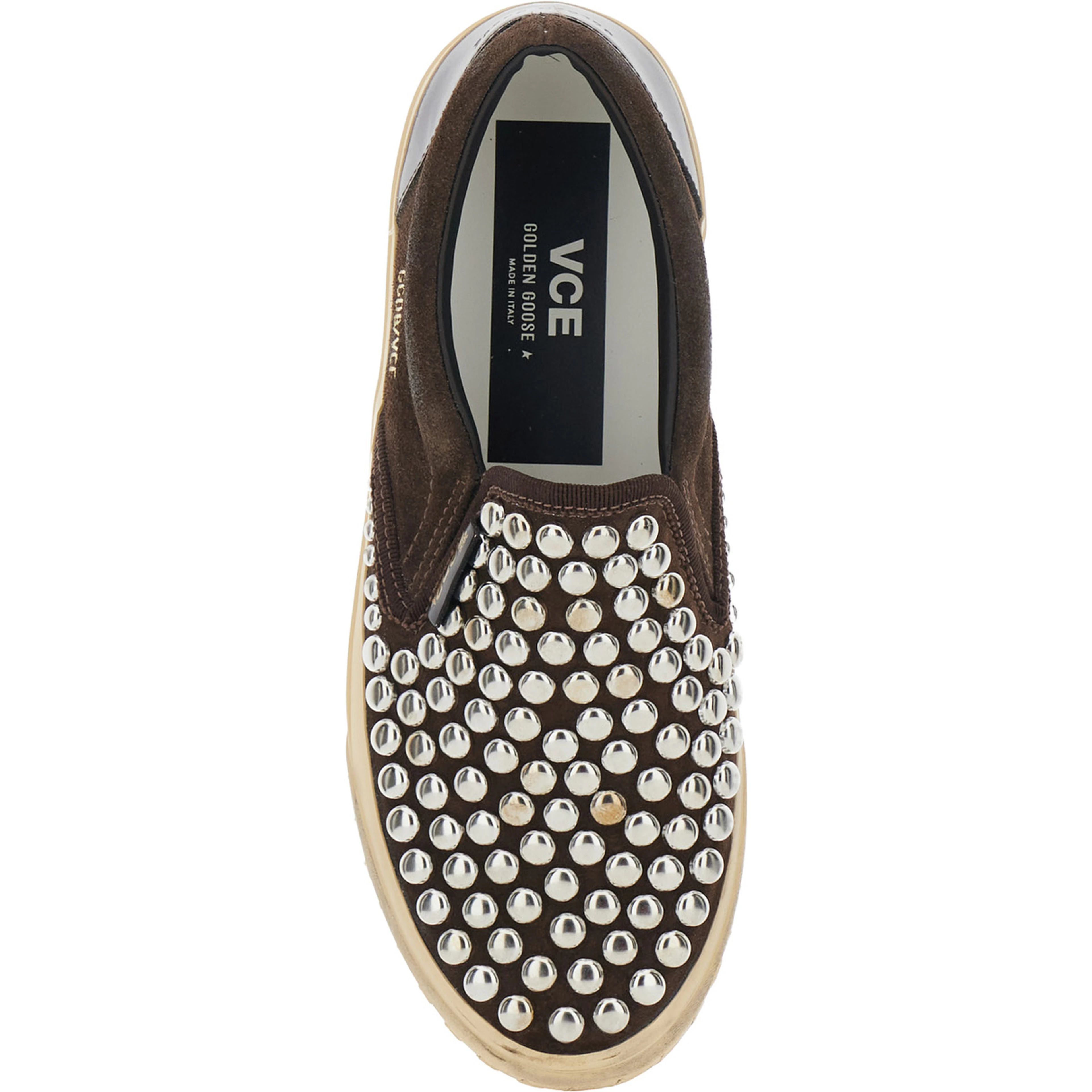 Brown Low Top Sneakers with Stud Embellishment in Leather for Women