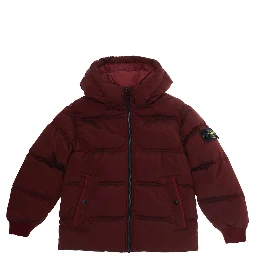 Red Down jacket with fixed hood and logo patch on the sleeve in Tech Fabric Boy
