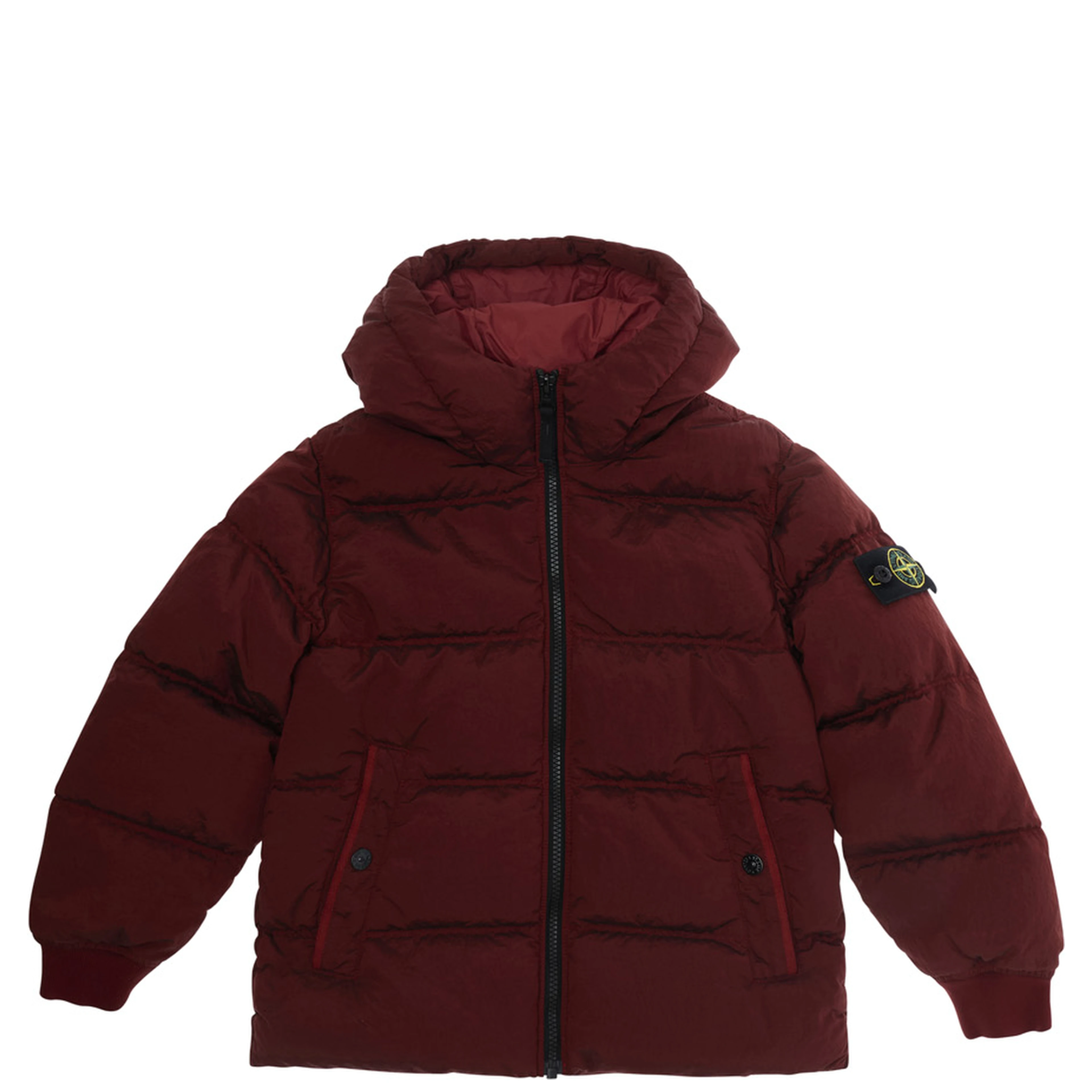 Red Down jacket with fixed hood and logo patch on the sleeve in Tech Fabric Boy