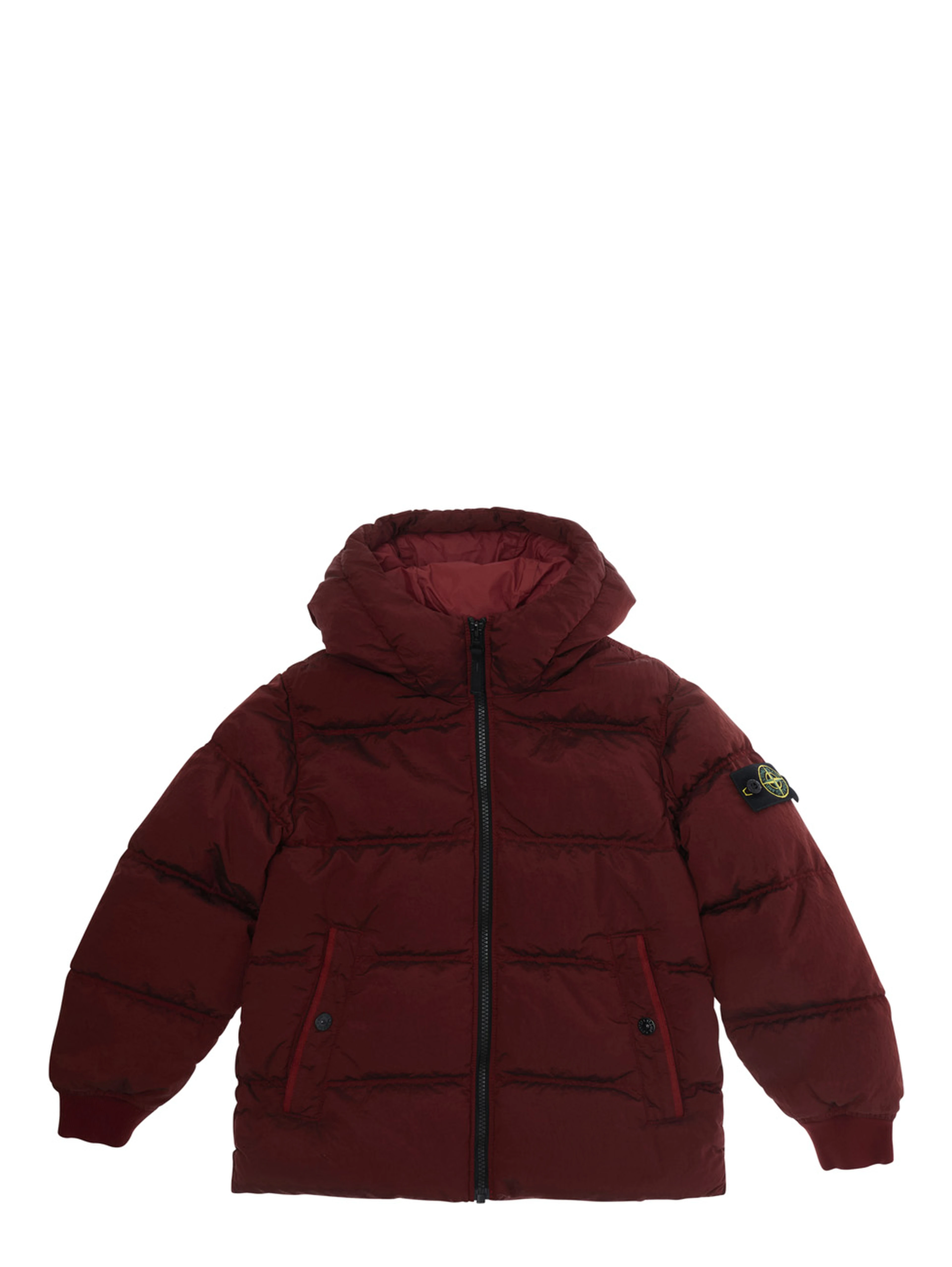 Red Down jacket with fixed hood and logo patch on the sleeve in Tech Fabric Boy
