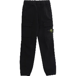 Black pants with drawstring waist and logo patch on the front in cotton boy