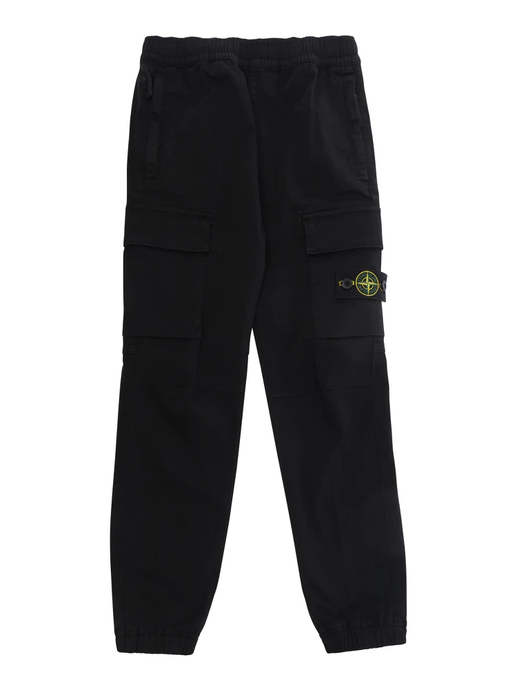 Black pants with drawstring waist and logo patch on the front in cotton boy