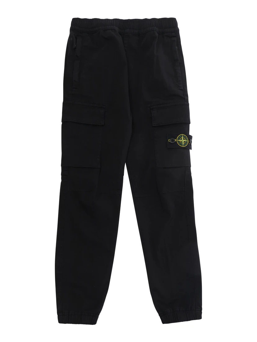 Black pants with drawstring waist and logo patch on the front in cotton boy